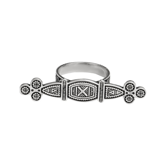Tuareg Engraved Ring with double silver plating displayed on a white background with oxidized finish
