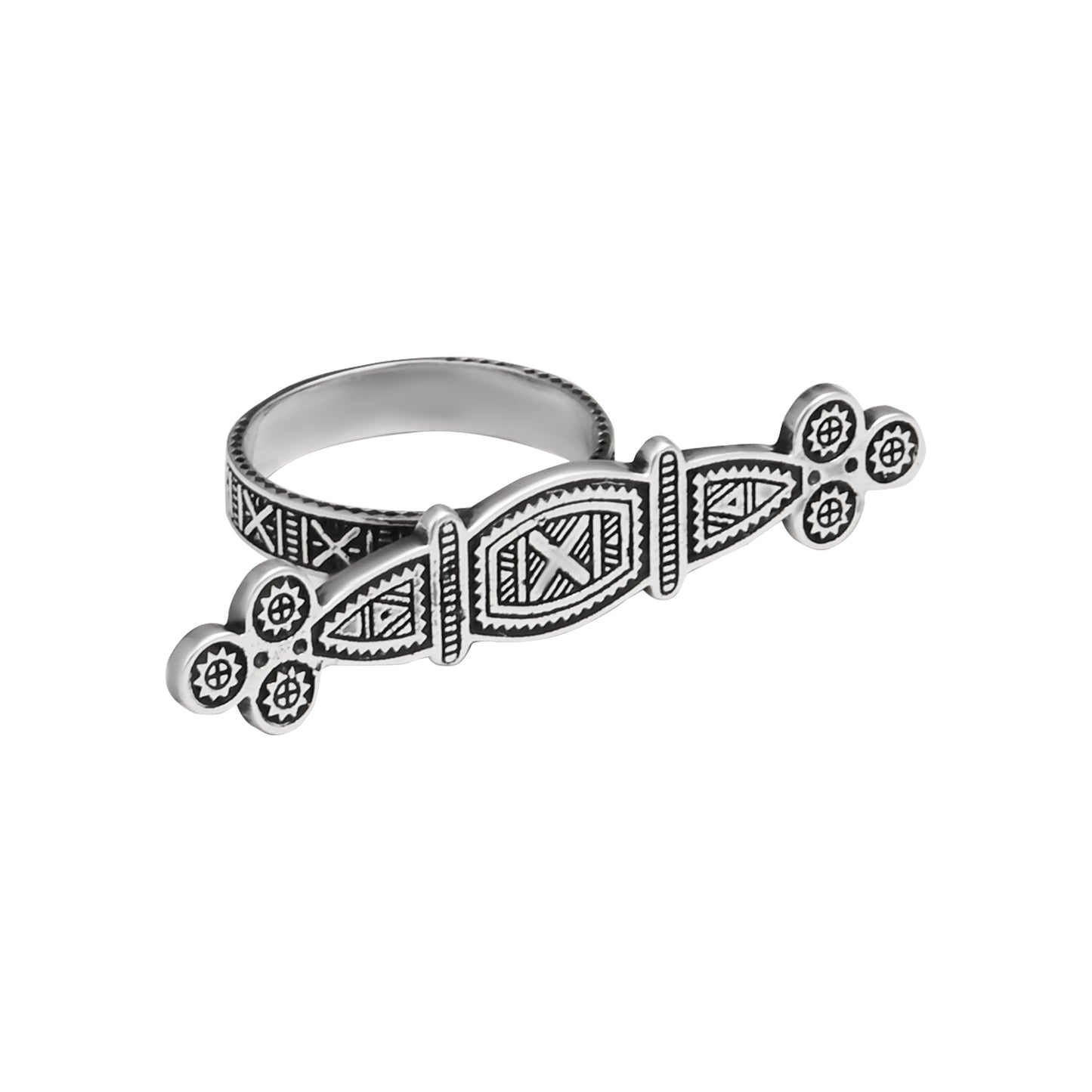 Tuareg Engraved Ring with double silver plating displayed on a white background with oxidized finish
