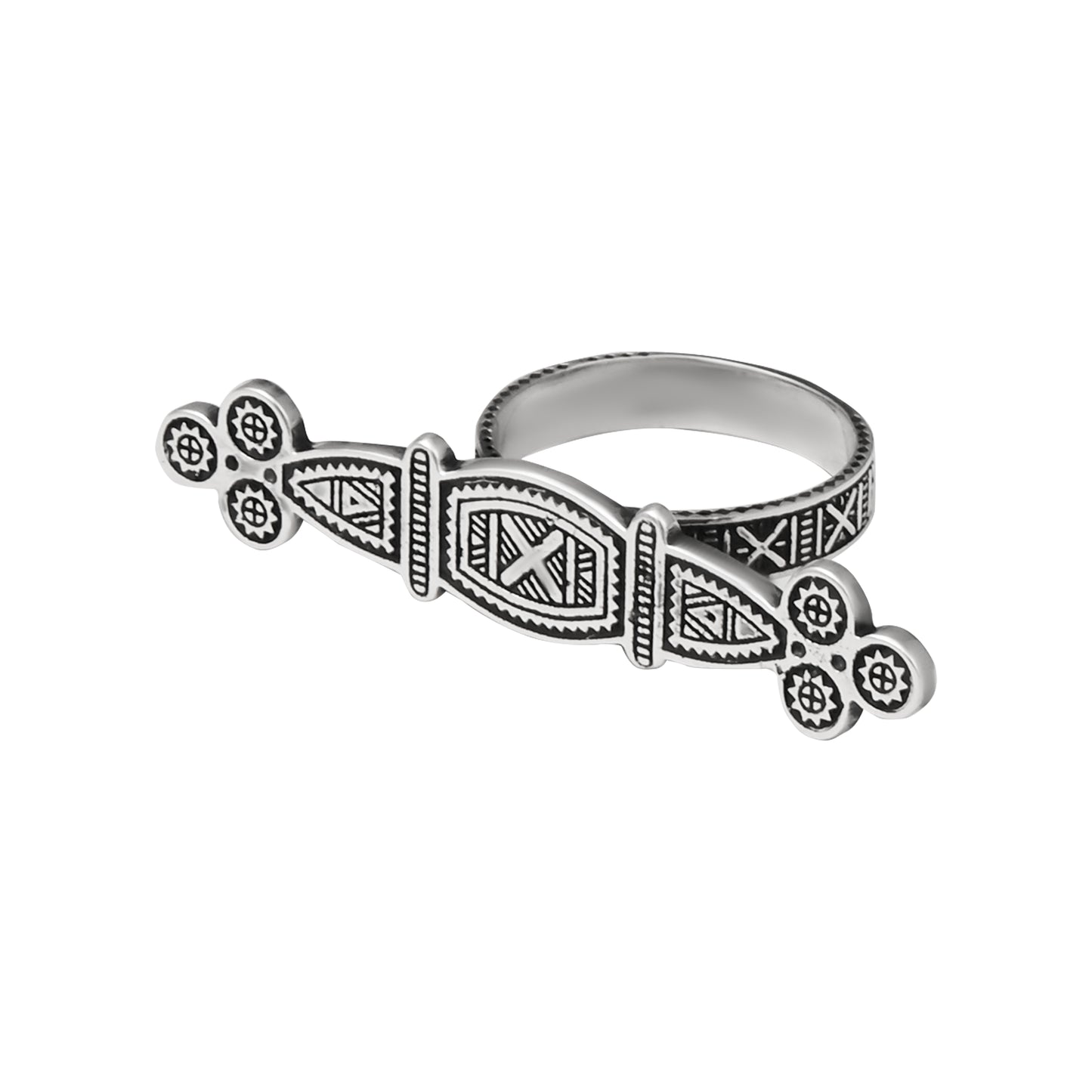 Tuareg Engraved Ring with double silver plating displayed on a white background with oxidized finish