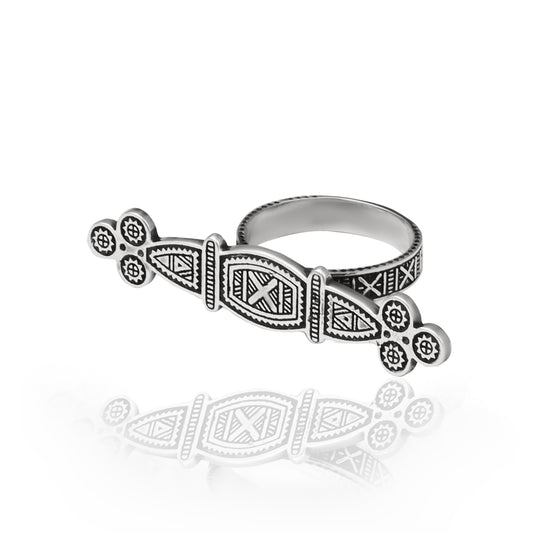 Tuareg Engraved Ring with double silver plating displayed on a white background with oxidized finish