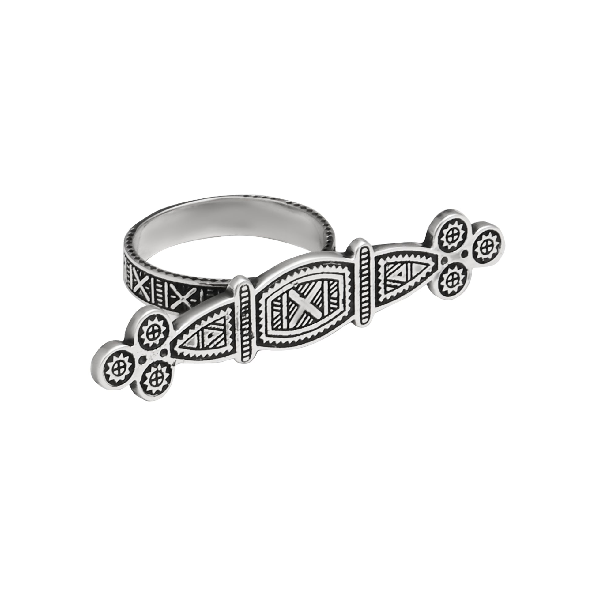 Tuareg Engraved Ring with double silver plating displayed on a white background with oxidized finish